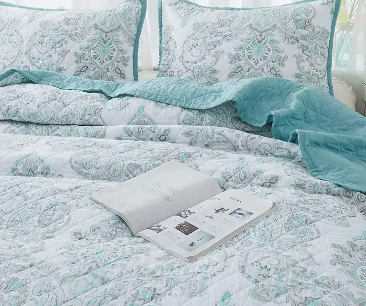 Juego de edredón KING 100 % algodón gris verde azulado casa de campo primitiva nuevo Foto 3 de 4