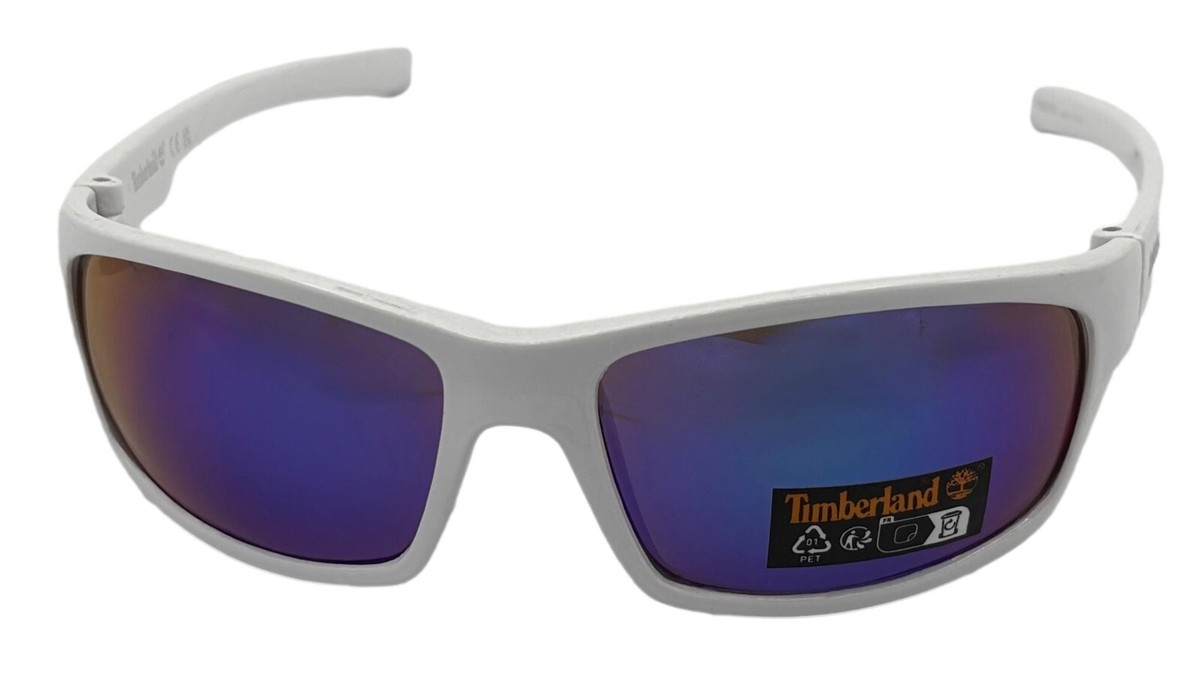 Timberland Sunglass Mens Shiny White Plastic Wrap, Green Mirror