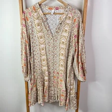 Tigerlily Mini Dress Womens 10 Yellow Floral Long Sleeve Button Front Ruffle Hem