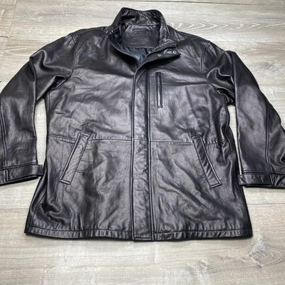 Roundtree & Yorke Leather Jacket Mens XL Black Car Coat Zip Front Snap XL