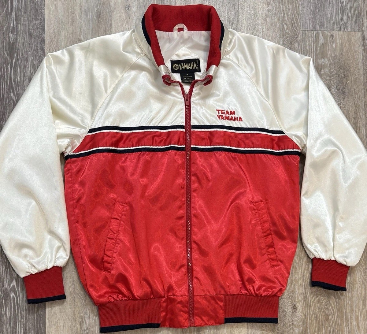 【ヴィンテージ】TEAM YAMAHA ナイロンジャケット Vintage Team Yamaha Jacket 80s Moto Racing White Red Satin