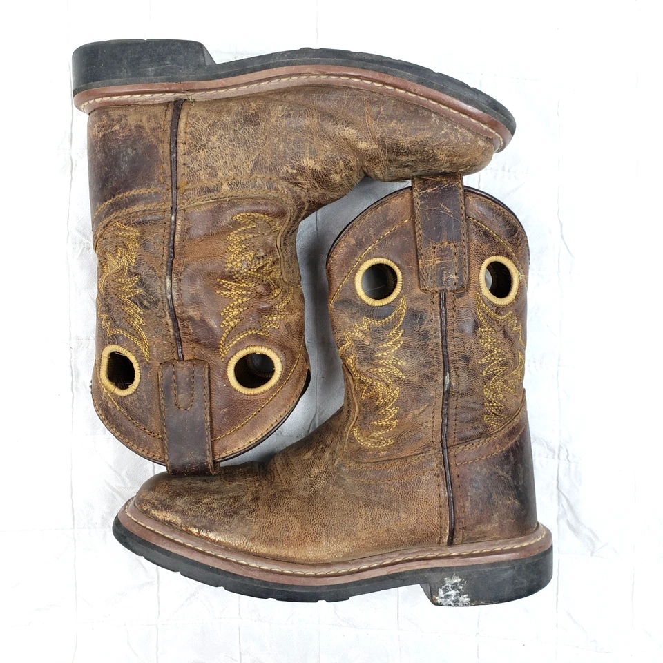 Botas vaqueras Dan Post para niños talla 11,5 D marrón amarillo 8 pulgadas punta cuadrada $90 Foto 3 de 4