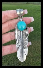 NAVAJO~BLUE KINGMAN TURQUOISE ARROW~PENDANT ~4 1/4 IN LONG ~SS~SIGNED ~KM