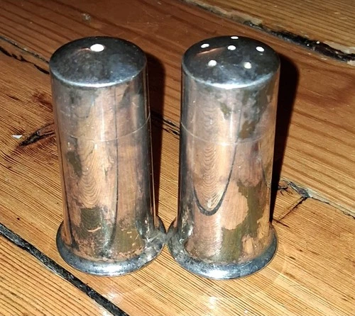Pair MILITARY WW2 ERA 1945/6 OFFICERS HEAVY SILVER PLATED MESS SALT & PEPPER