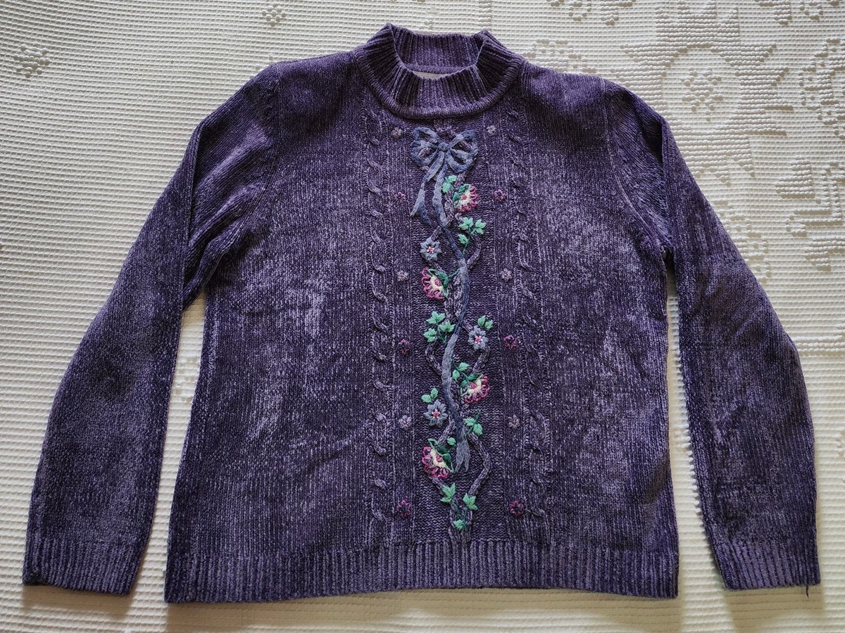 Pull Vintage Alfred Dunner Floral Blanc Et Rose - Taille L - Broderies - Occasion Très Bon état