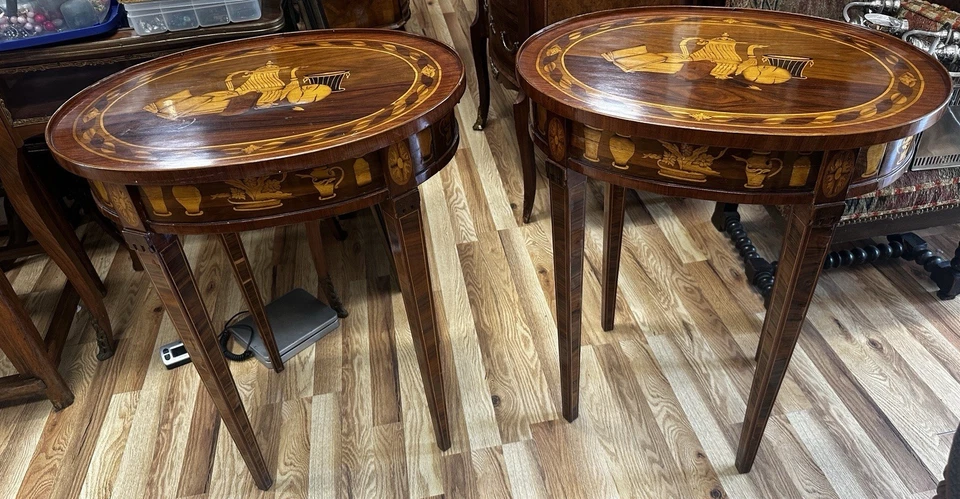 Pair Vintage ITALIAN Venetian Oval Inlaid Two Drawer Side Tables - Image 3 of 4