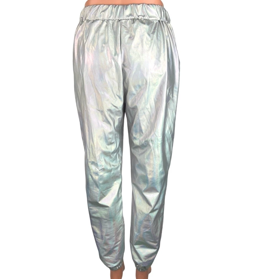 Pantalones deportivos para mujer iridiscentes plateados cromados brillantes metálicos arco iris talla S Foto 3 de 4