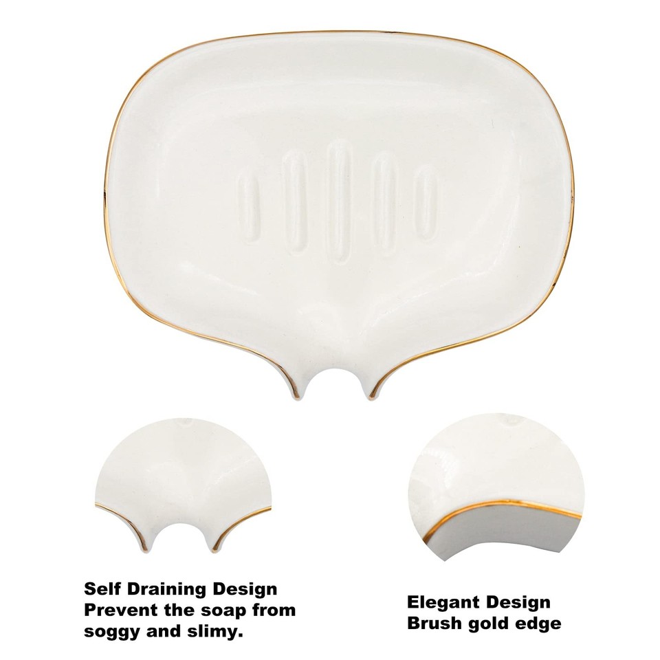 Solted Pipe White Soap Dish Ceramic Self Draining Soap Dish Waterfall Slot Gold ...