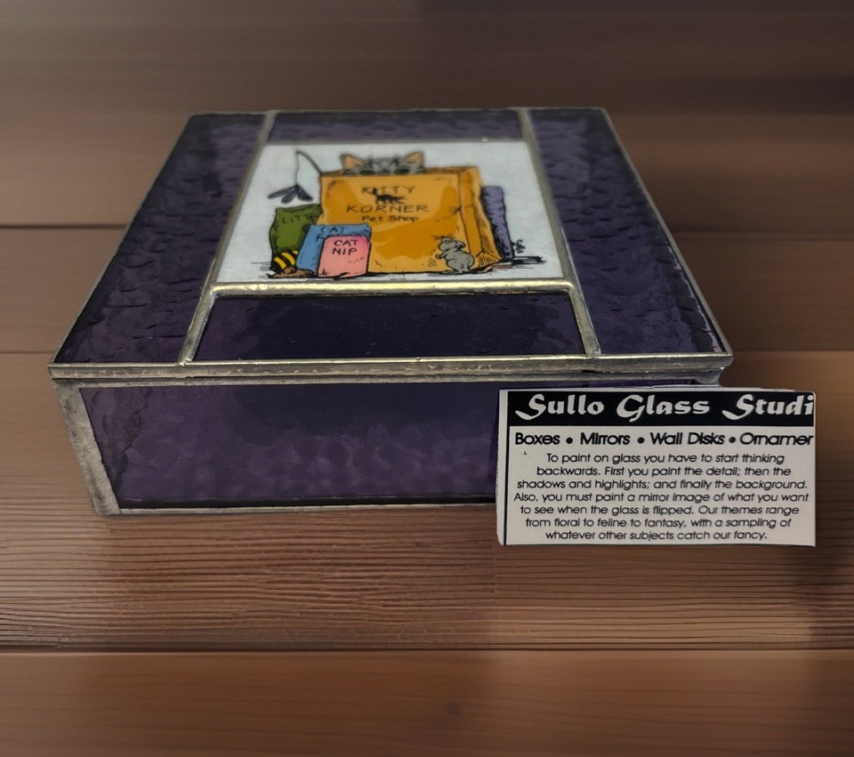 A stained-glass-style hinged cat trinket box by Sullo — the kind of vintage cat lady treasure that looks handmade and sells out at estate sales.