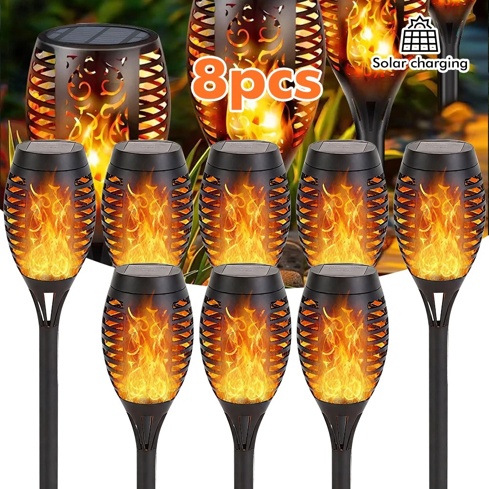 4/8 Pack LED Solar Flame Torch Lights Flickering Garden Yard Pathway Decor Lamps