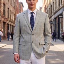 Lauren Ralph Lauren Mens 40R Blazer Grey Blue Silk Wool Glen Plaid Sport Coat