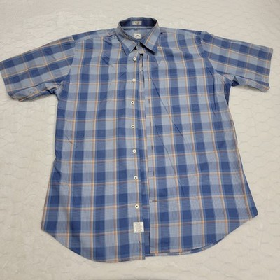 Peter Millar Summer Comfort Shirt Large Blue Orange Plaid Cotton Short Sleeve