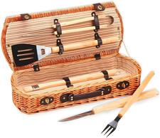 Borsa Porta Attrezzi Barbecue in Vimini – Set Barbecue Portatile Con 5 Accessori