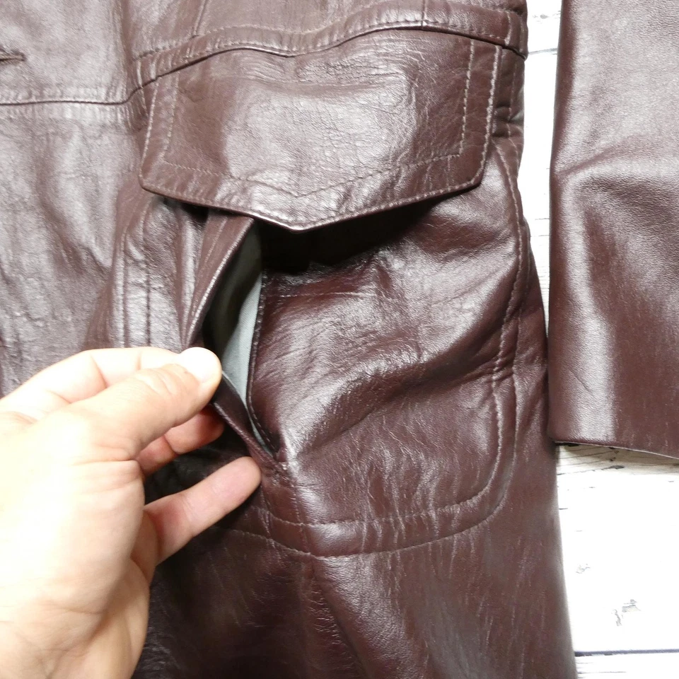 Reed Sportswear Leather Car Coat Mens 2XL Brown Lined 3 Button Patch Pockets - Image 4 of 4