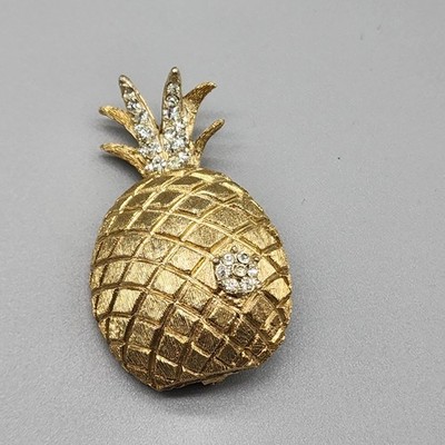 Vintage Gold Tone Pineapple Brooch Pin Clear Rhinestones Fashion Jewelry