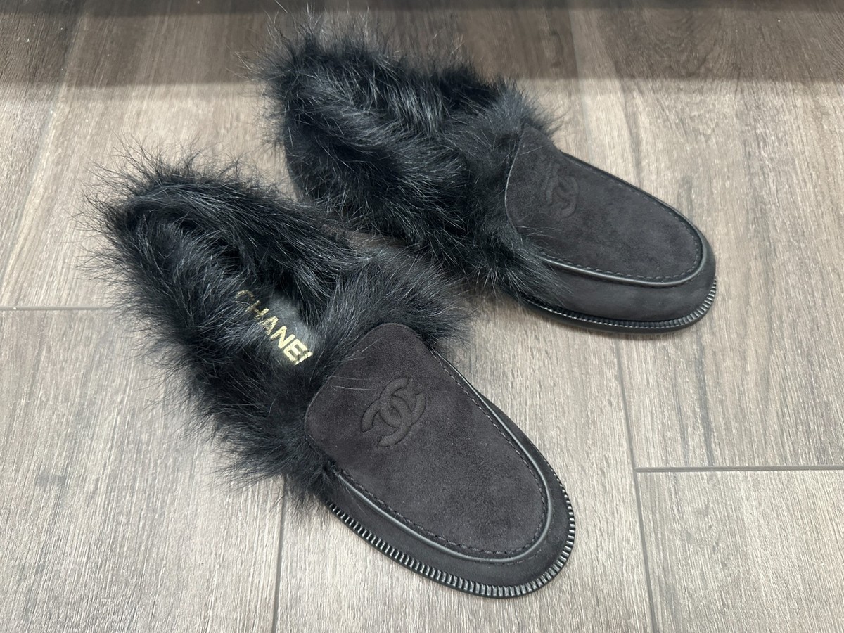 2025 CHANEL COCO NEIGE BLACK SUEDE LEATHER FUR LOAFERS OXFORD