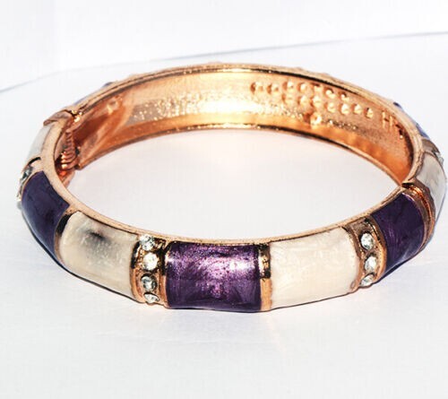 New Yellow Gold Plated Purple & White Enamel Bangle Bracelet w/ Crystal Accents - Picture 2 of 5