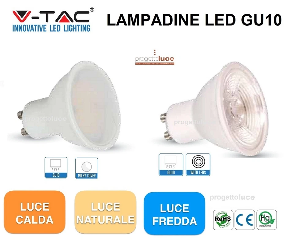 LAMPADINA FARETTO LED GU10 4,5W 6W 7,5W 10W V-TAC SPOT GU10 FARO