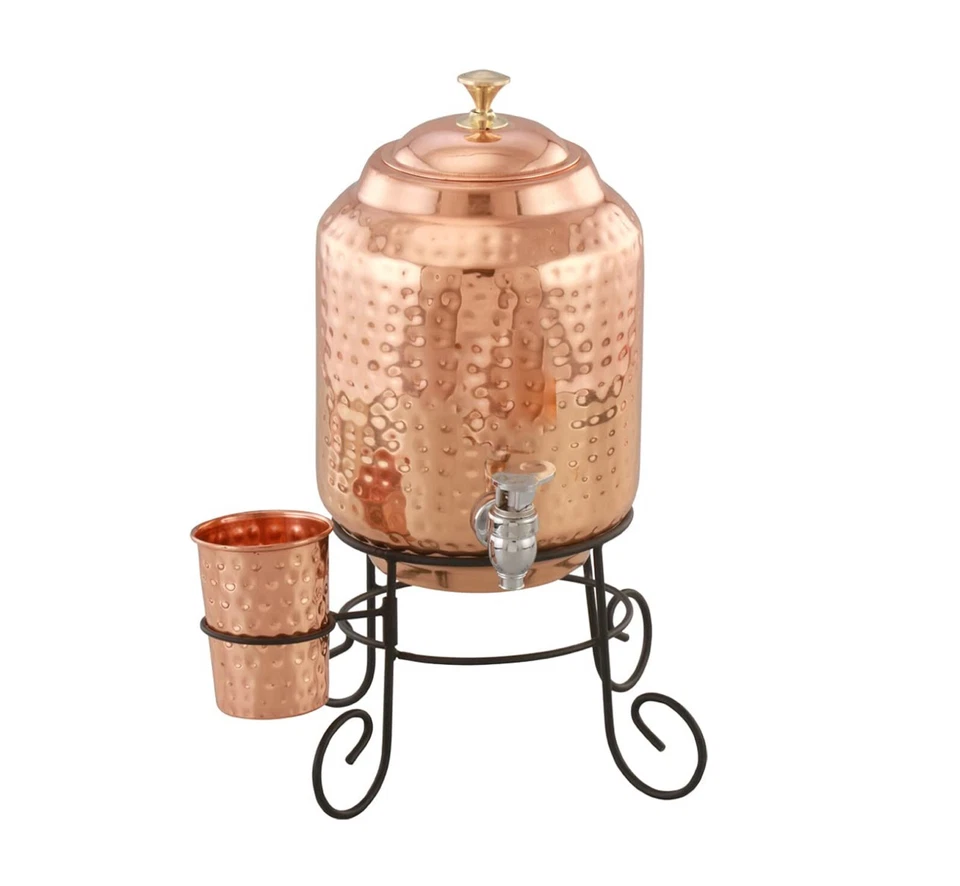 Pure Copper Water Dispenser Container Pot with 1 Glasses and Stand 5000 ml US - Image 3 of 3