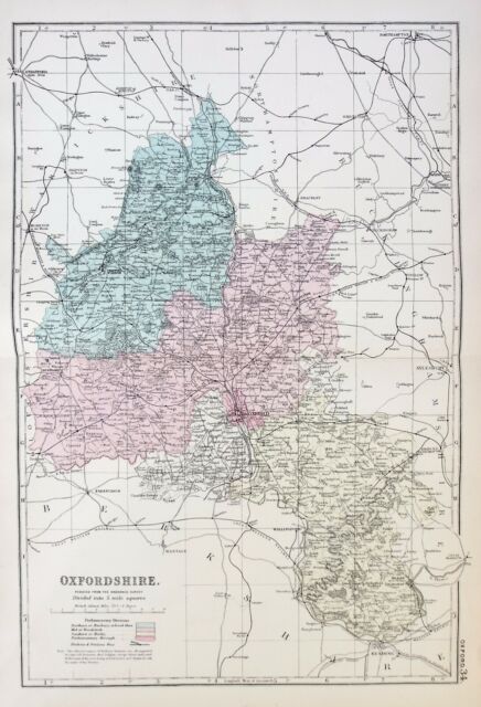 OXFORDSHIRE antica mappa originale contea vittoriana ferrovie Bacon 1890- XN10381