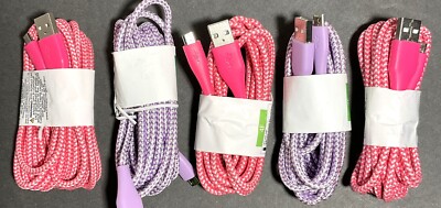 Wireless Gear 10ft Fabric USB Cable - Lot of 5 - Assort Colors - Brand NEW