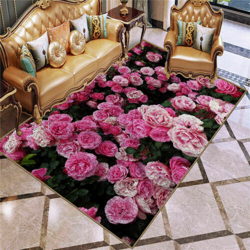 Pink Roses Flowering Shrubs Carpet Bedroom Decorative Rug Door Anti-slip Mat - Afbeelding 1 van 14