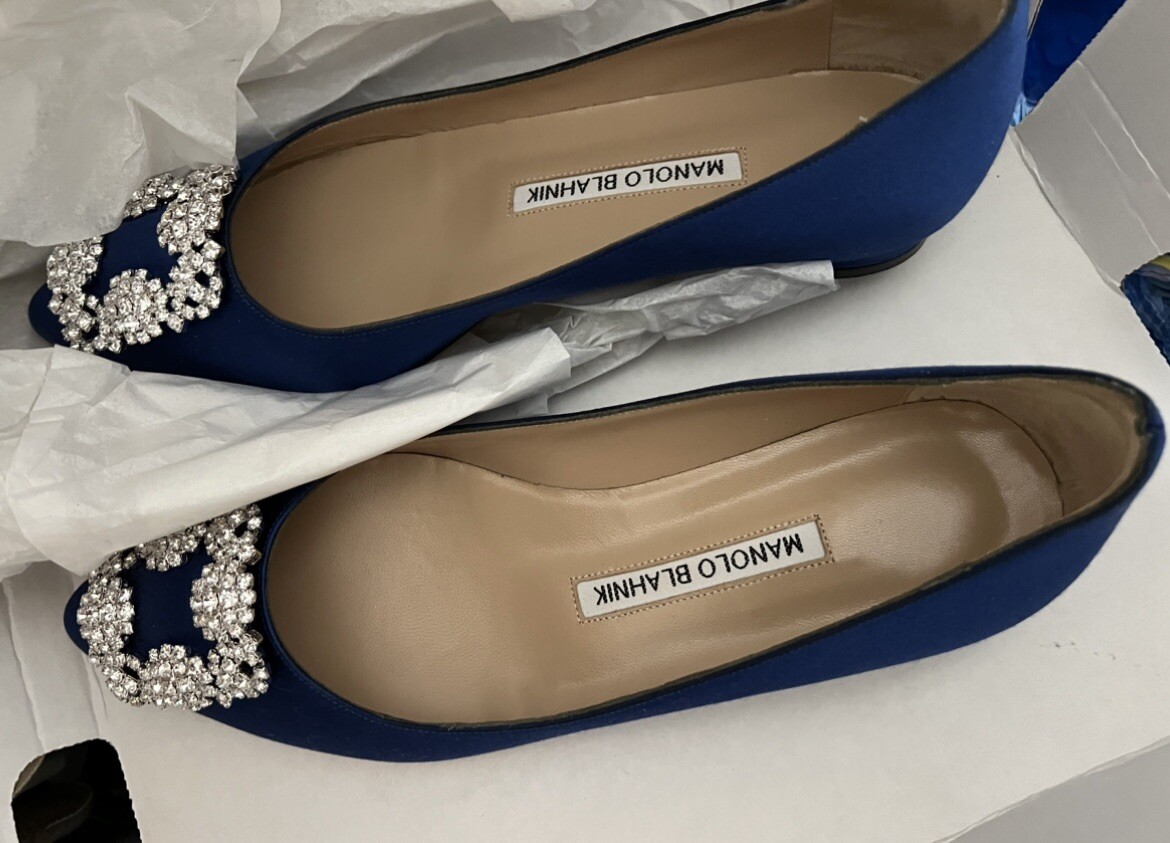 Manolo Blahnik Hangisi Crystal-Buckle Satin Flat