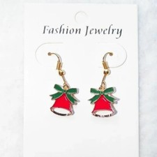 Red Gold Christmas Bells Earrings Drop 5/8" Green Bow