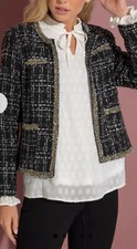 Klass Womens Boucle Tweed Fringe Trim Jacket Black With Gold Uk 16 New