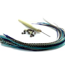 20 Feather Hair Extensions, 100 Real Rooster Feathers,Blue Mix beads hook tool