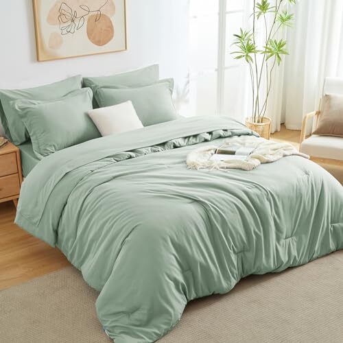 Comforter Set 7 Pieces Bed in a Bag, Bedding Comforter Set Queen Sage Green