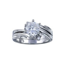 Sterling Silver Engagement Wedding CZ Stones Ring Set w/ 6 mm 1 ct Center CZ