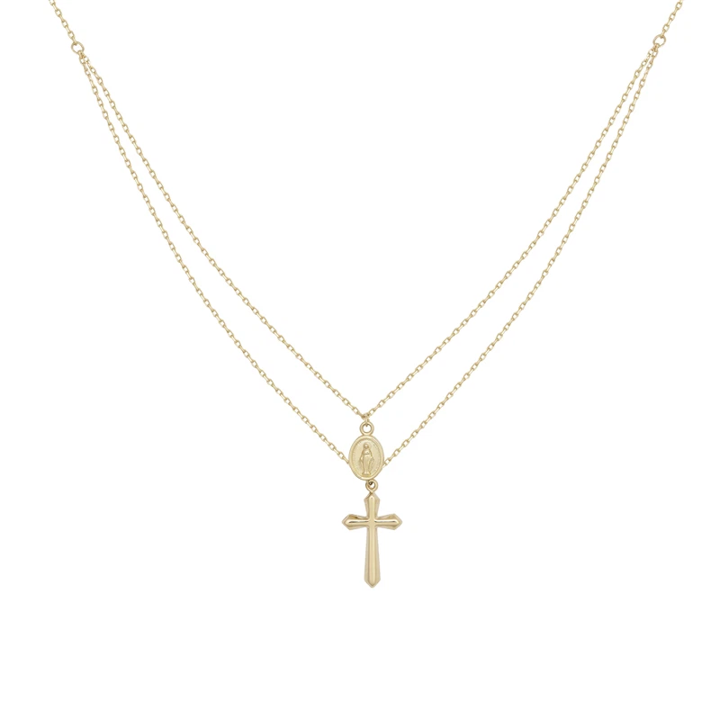 Cross and Medallion Layered Necklace 9ct Yellow Gold