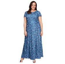 Alex Evenings 16W Blue Sequined Rosette Lace Gown Short Sleeve Formal Maxi Dress
