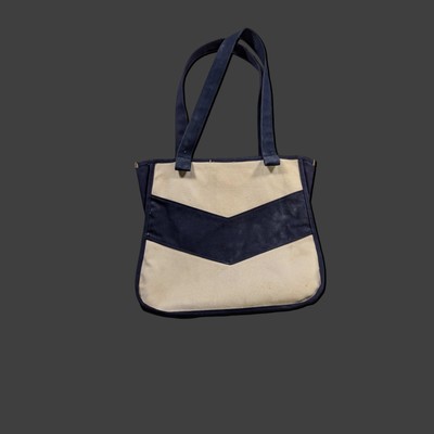 Vintage white blue canvas tote bag chevron pattern medium size