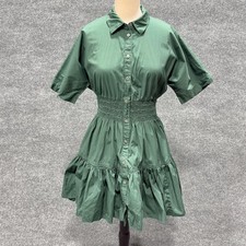 Veronica Beard Dress Womens 8 Green Smocked Shirt Mini Fit Flare Ruffle Hem