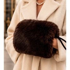 VTG Dark Brown Real Fur Muff Hand Warmer Satin Lined Mob Wife Glam