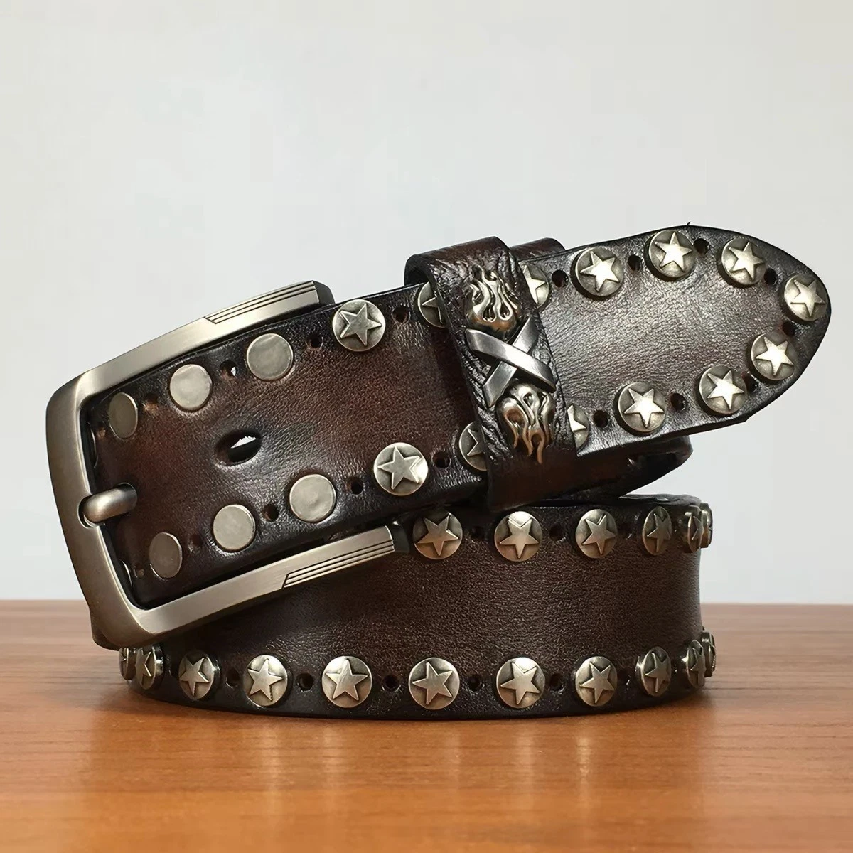 Real Leather Waist Belt Heavy Metal Rivet Studded Unisex Punk Rock Biker Belt
