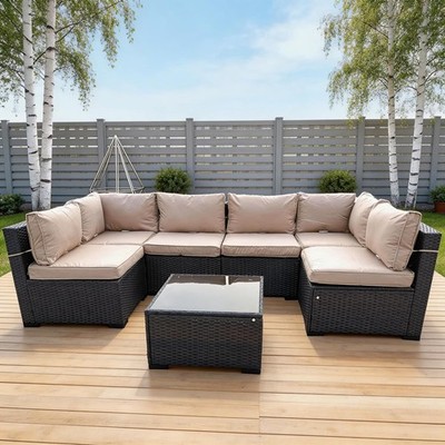 Rattan Gartenmöbel 6-Sitzer Modulare Sofagarnitur 7-teilig Terrasse Outdoor Sitzgruppe Neu