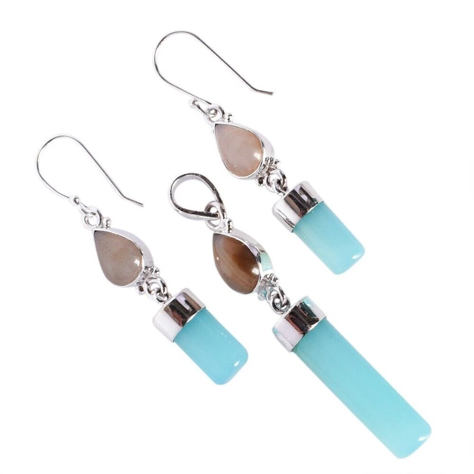 Set gioielli orecchini pendenti calcedonio acqua naturale con gancio agata... - Immagine 2 di 4