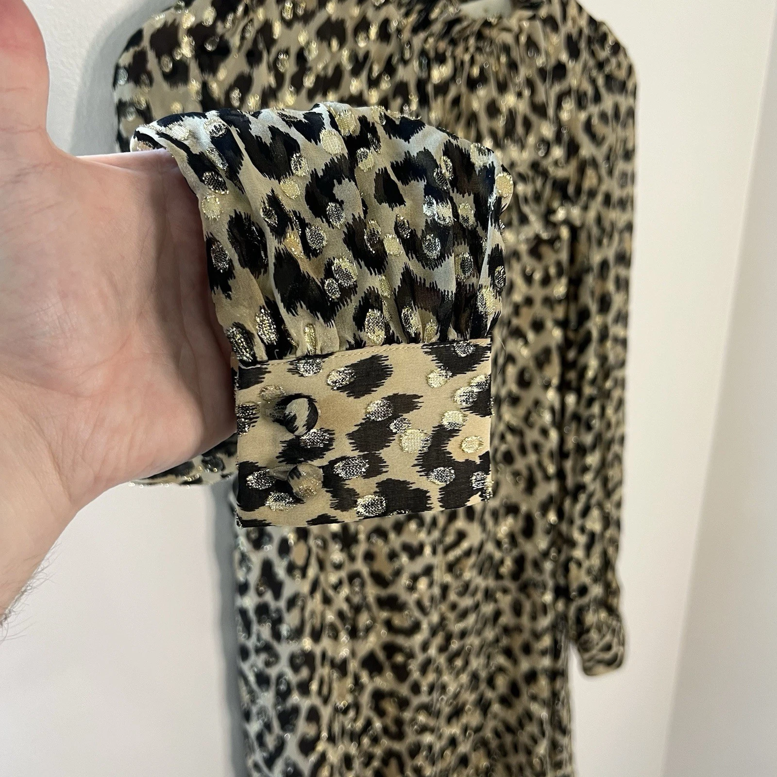 Abito a tubino Kate Spade New York seta chiffon metallizzato leopardato taglia 2 mini oro