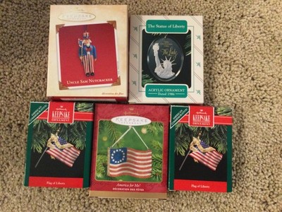 Halmark 5 Patriotic Ornaments Flag Statue of Liberty Uncle Sam Nutcracker