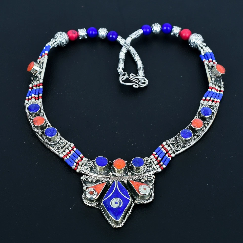 Collana nepalese tibetano in argento sterling 925 con corallo lapislazzuli... - Immagine 2 di 4