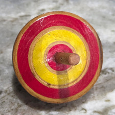 Vintage Wooden Spinning Top Toy, Red  Yellow Painted Rings, Ages 4-7 