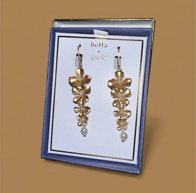 Bella Jack gold toned orchid-shaped drop Earrings Faux Pearls Lever Back