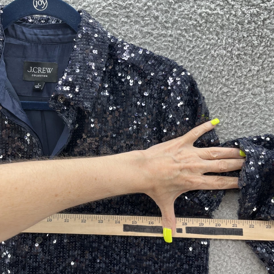 Camisa J Crew Collection Mujer 4 Azul Marino Lentejuelas Abotonadas Fiesta Top Chaqueta Foto 3 de 4