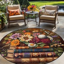 100cm 100cmBooks and Flowers Printed Modern Round Mat - 100 Polyester, Hand Was