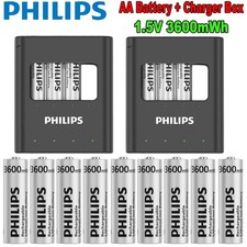 Lot Philips AA Lithium Rechargeable Batteries 1.5V 3600mWh With Fast Charger Box