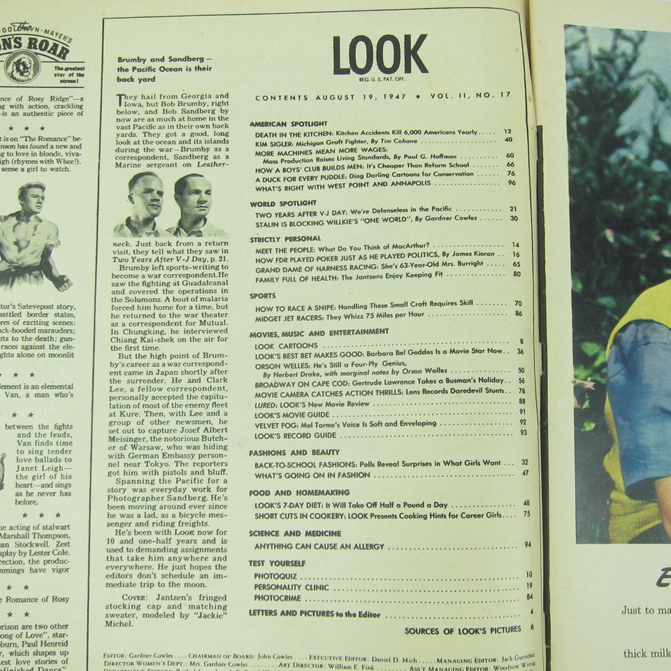 Vintage LOOK Magazine August 1947 Barbara Bel Geddes, Kim Sigler, Gene