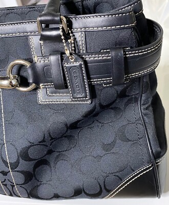 COACH Black CC Canvas Logo Leather Hamptons Tote Satchel Top